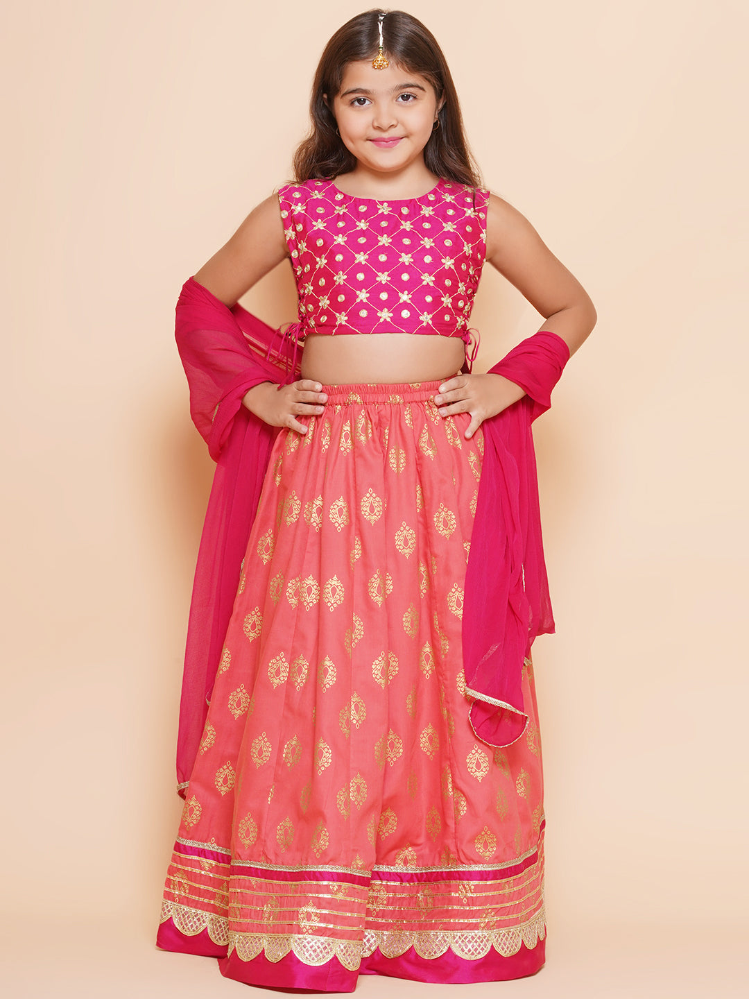 Bitiya by Bhama Girls Pink Embroidered Choli & Peach Golden print Ready to Wear Lehenga With Dupatta