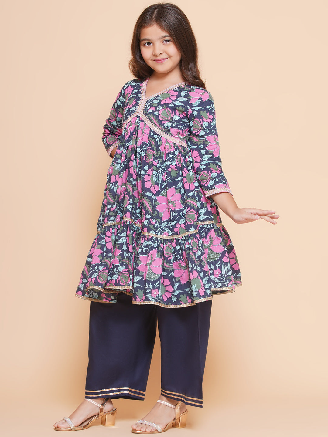 Bitiya by Bhama Girls Navy Blue Pink Floral Printed  Kurta With Palazzos.