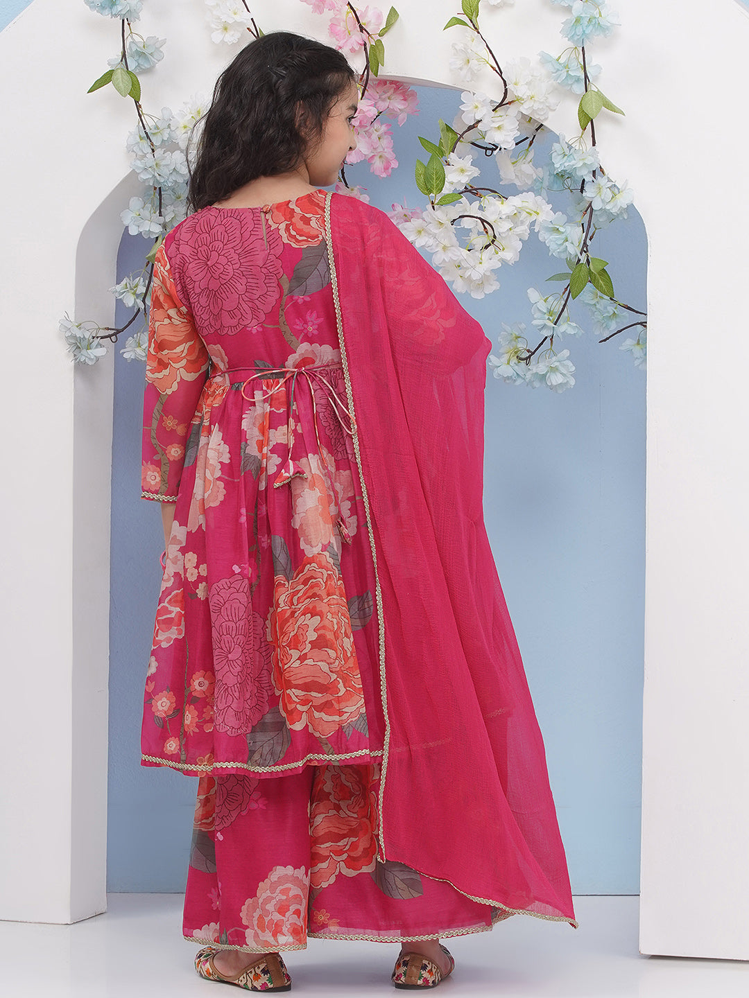 Bitiya by Bhama Girls Pink Floral Printed Alia Design Kurta With Sharara With dupatta