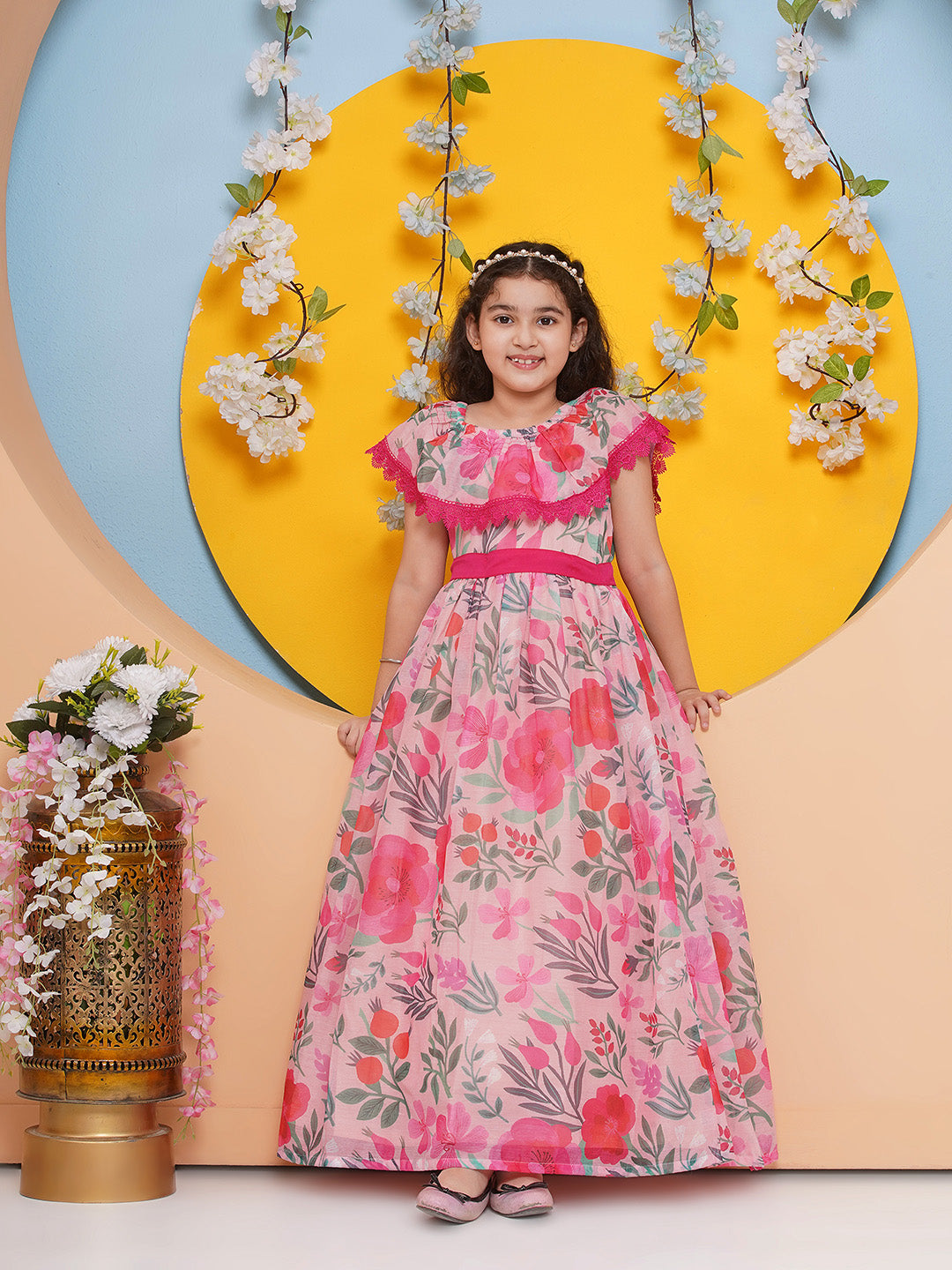 Bitiya by Bhama Girls Pink Floral Maxi Dress.