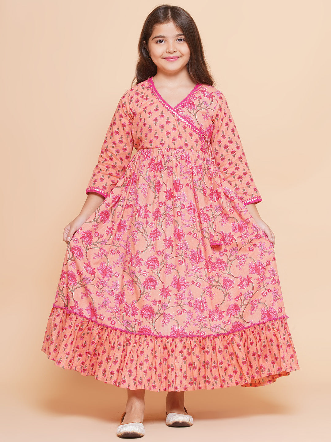 Bitiya by Bhama Girls Peach Floral Printed Shrug & Blouse With Ready to Wear Lehenga.