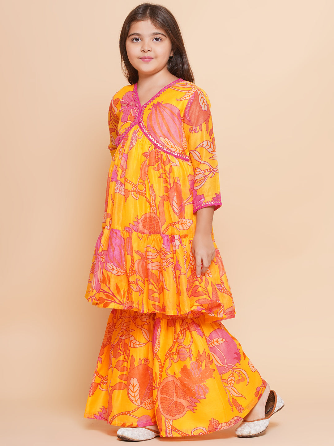 Bitiya by Bhama Girls Yellow Floral Printed Alia Design Kurta With Sharara