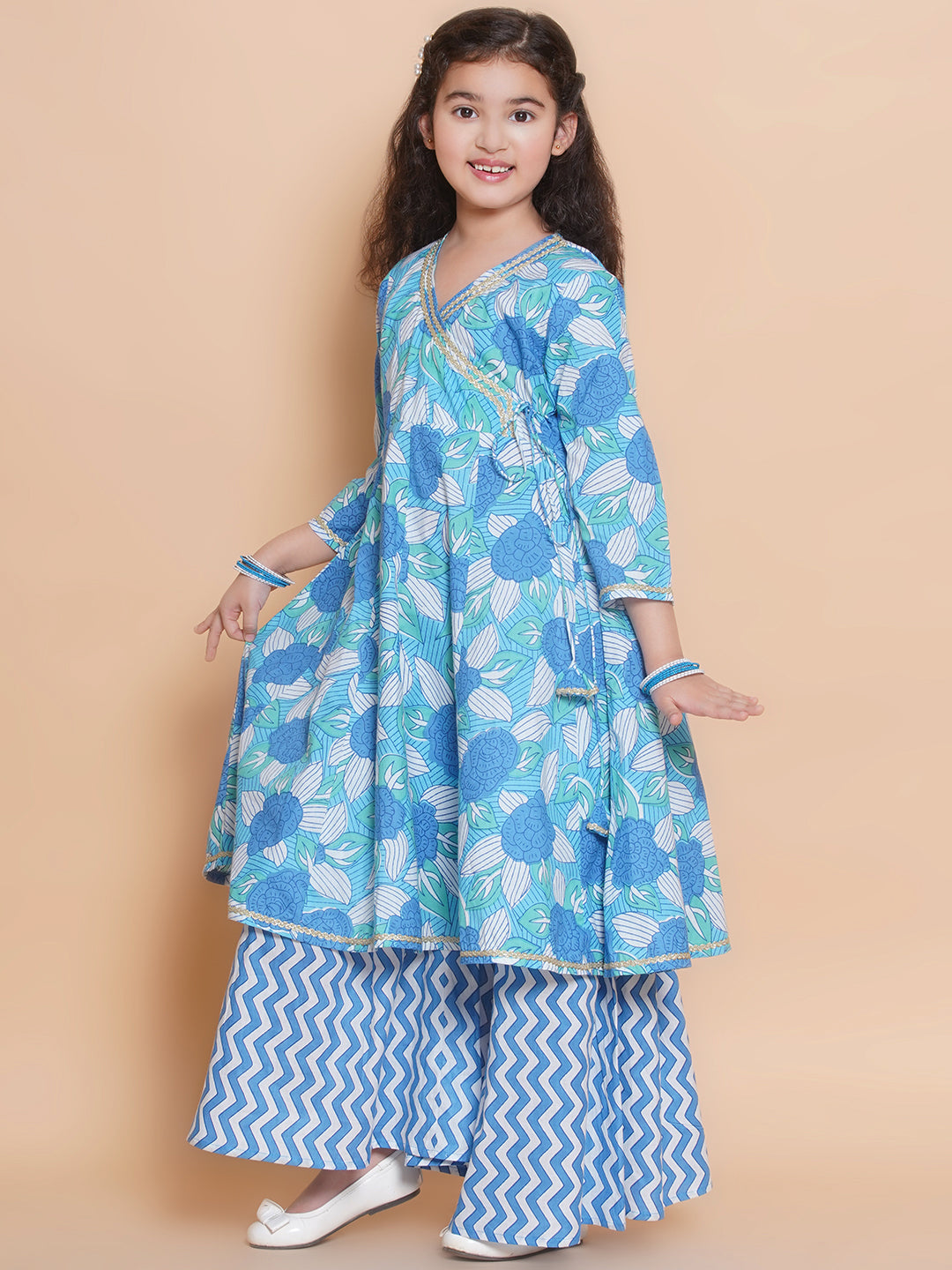 Bitiya by Bhama Girls Blue Floral  Printed Angrakha Kurta with Sharara