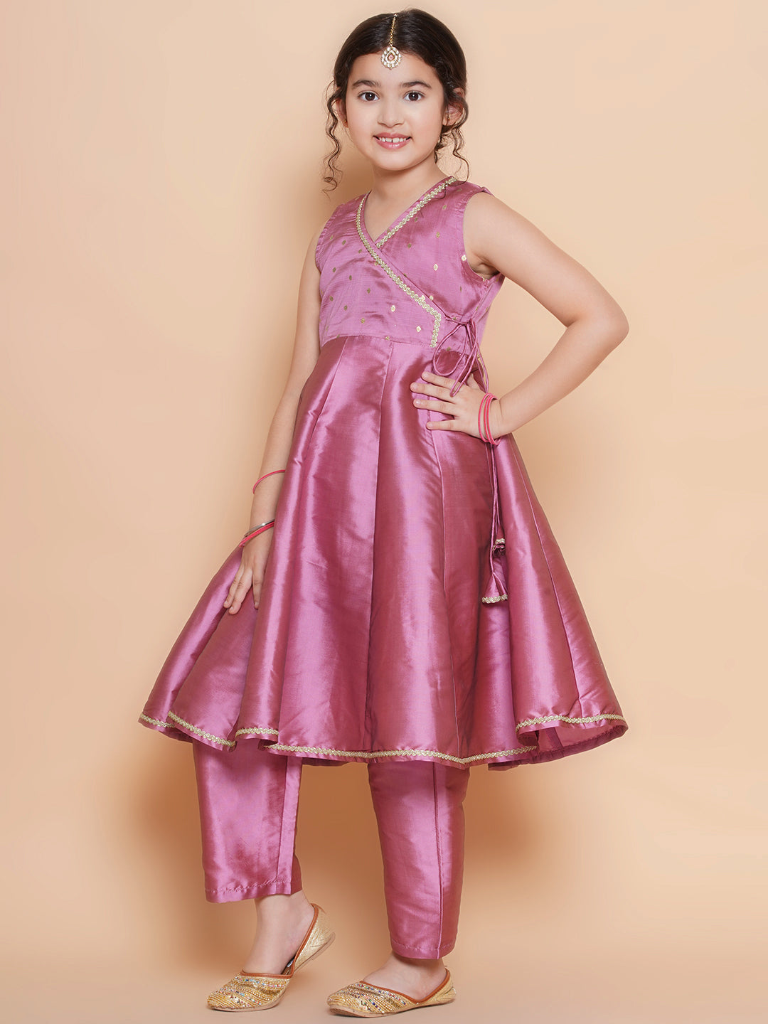 Bitiya by Bhama Girls Self Design V-Neck Angrakha Gotta Patti Anarkali Kurta with Trousers