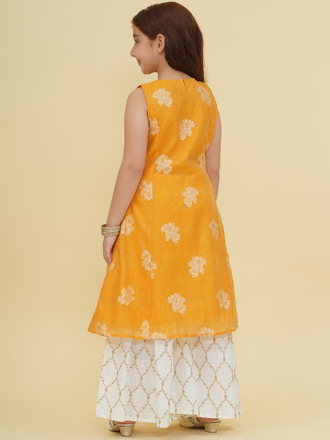 Bitiya by Bhama Girls Yellow Self design Kurta With Sharara