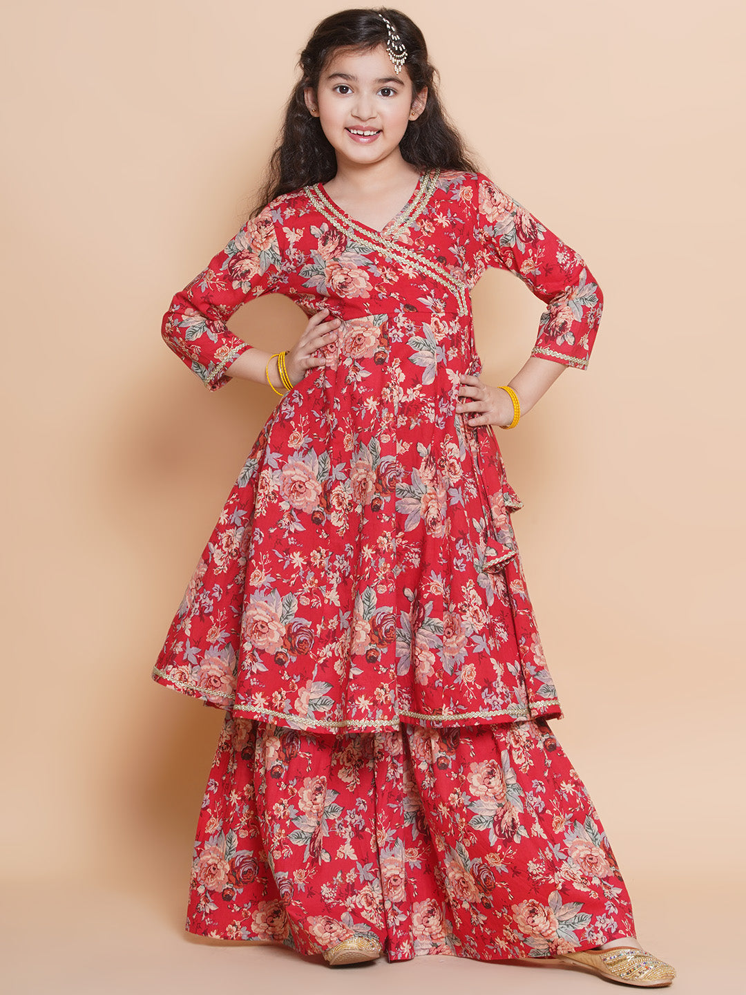 Bitiya by Bhama Girls Red Floral  Printed Angrakha Kurta with Sharara