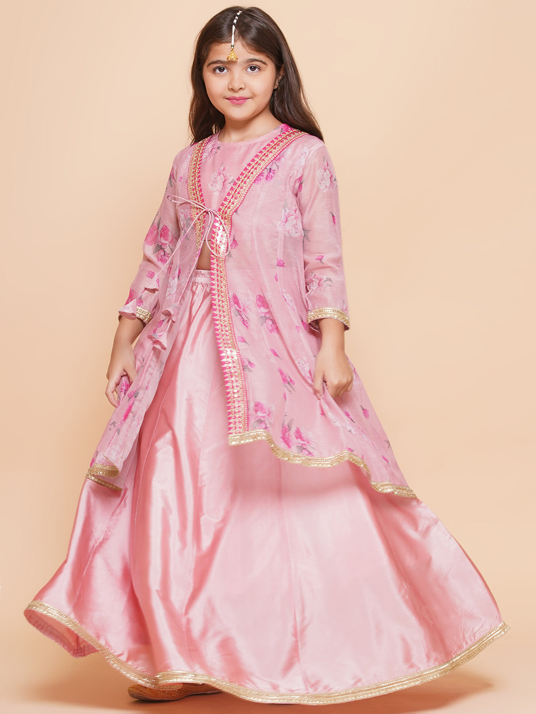 Bitiya by Bhama Girls Pink Floral Printed Shrug & Ready to Wear Lehenga With Blouse.