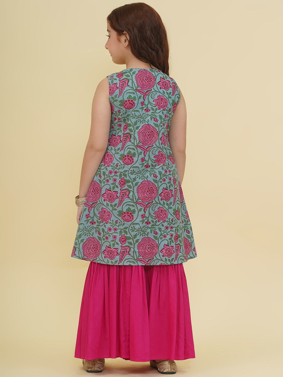 Bitiya by Bhama Girls Blue Floral Printed Kurta with Sharara