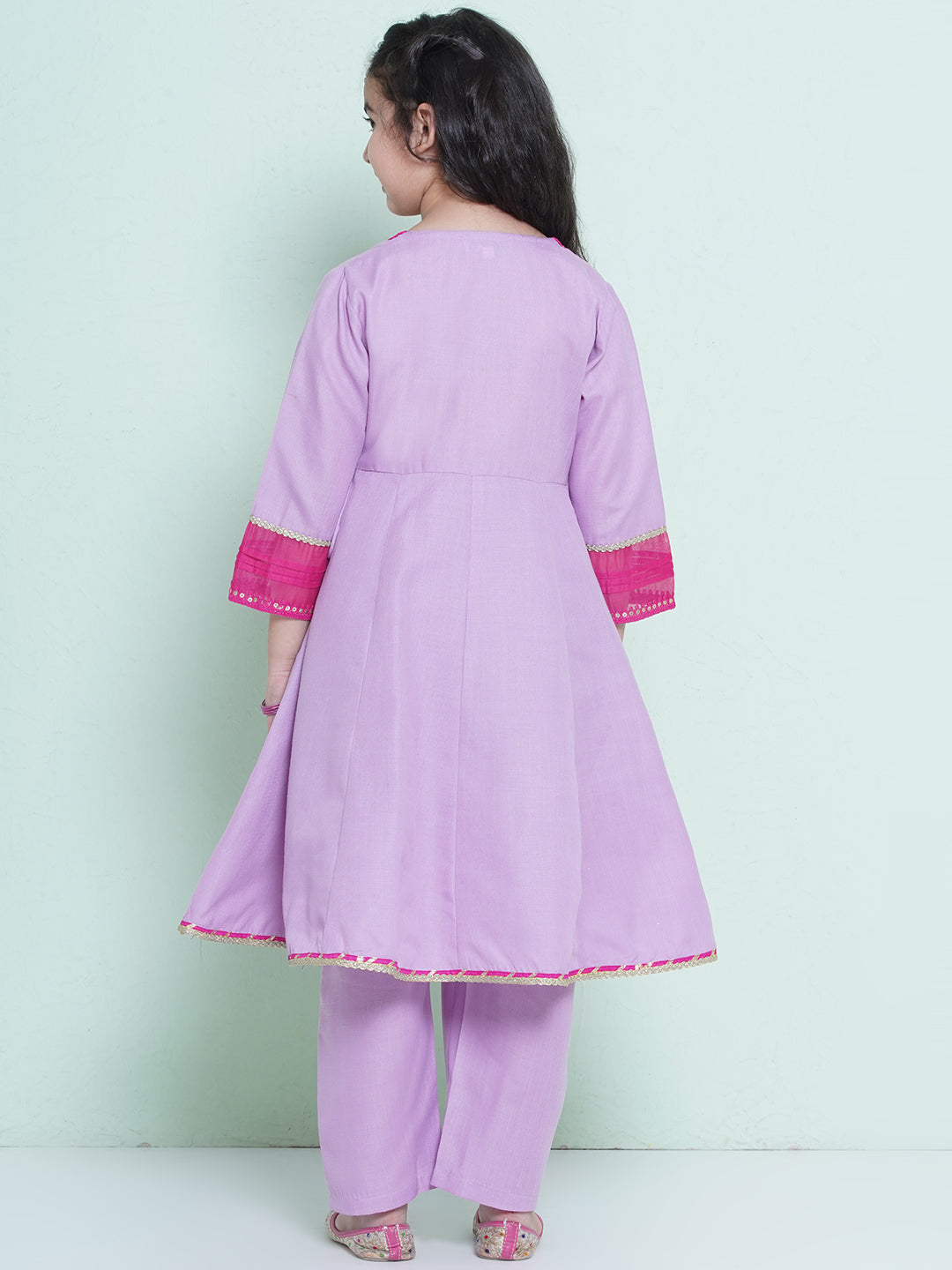 Bitiya by Bhama Girls Purple Embroidered Angrakha Kurta with Trousers