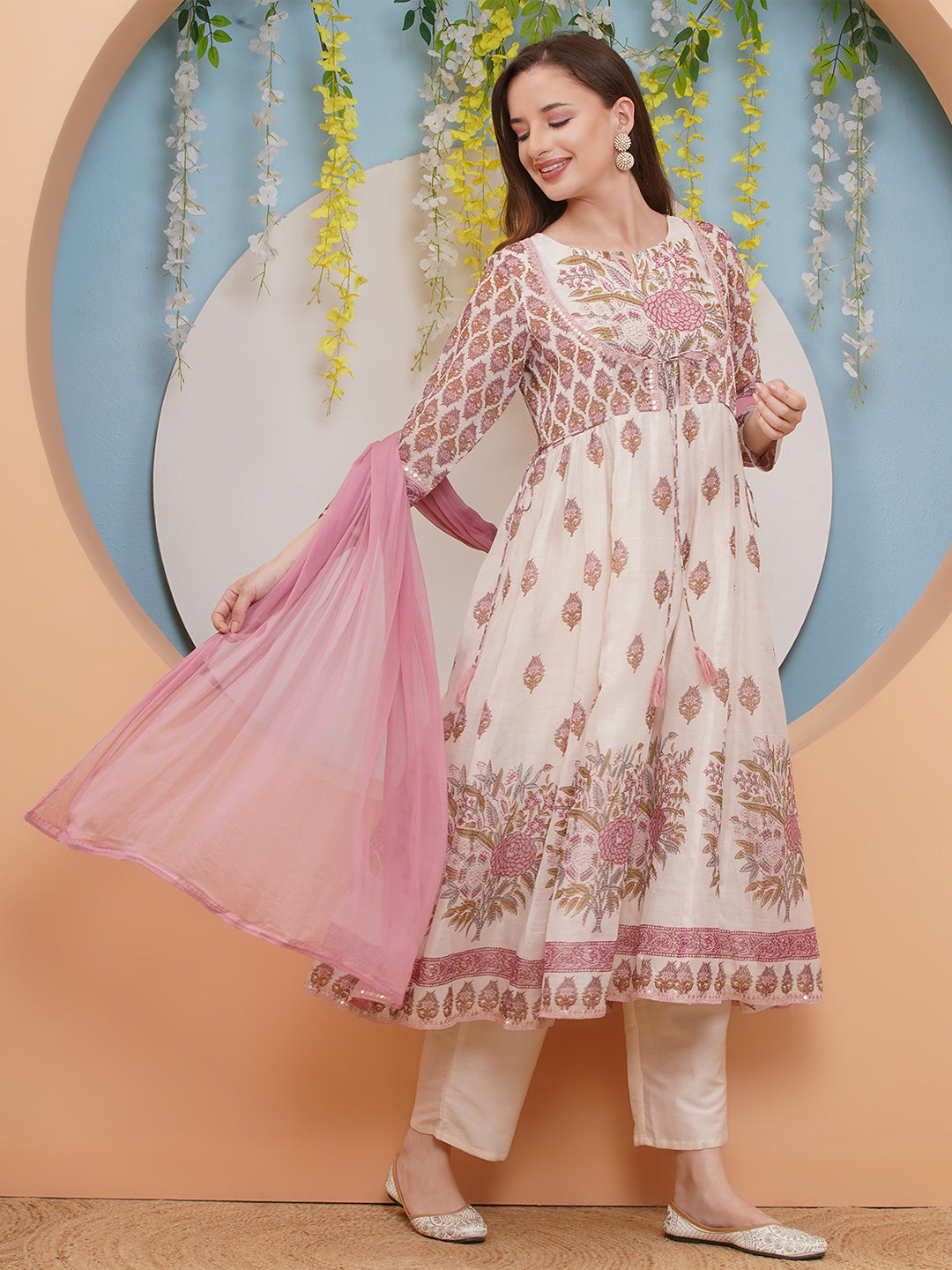 Bhama CoutureOff white  Pink Floral Digital Printed Anarkali Flared Kurta with Palazzos Dupatta.