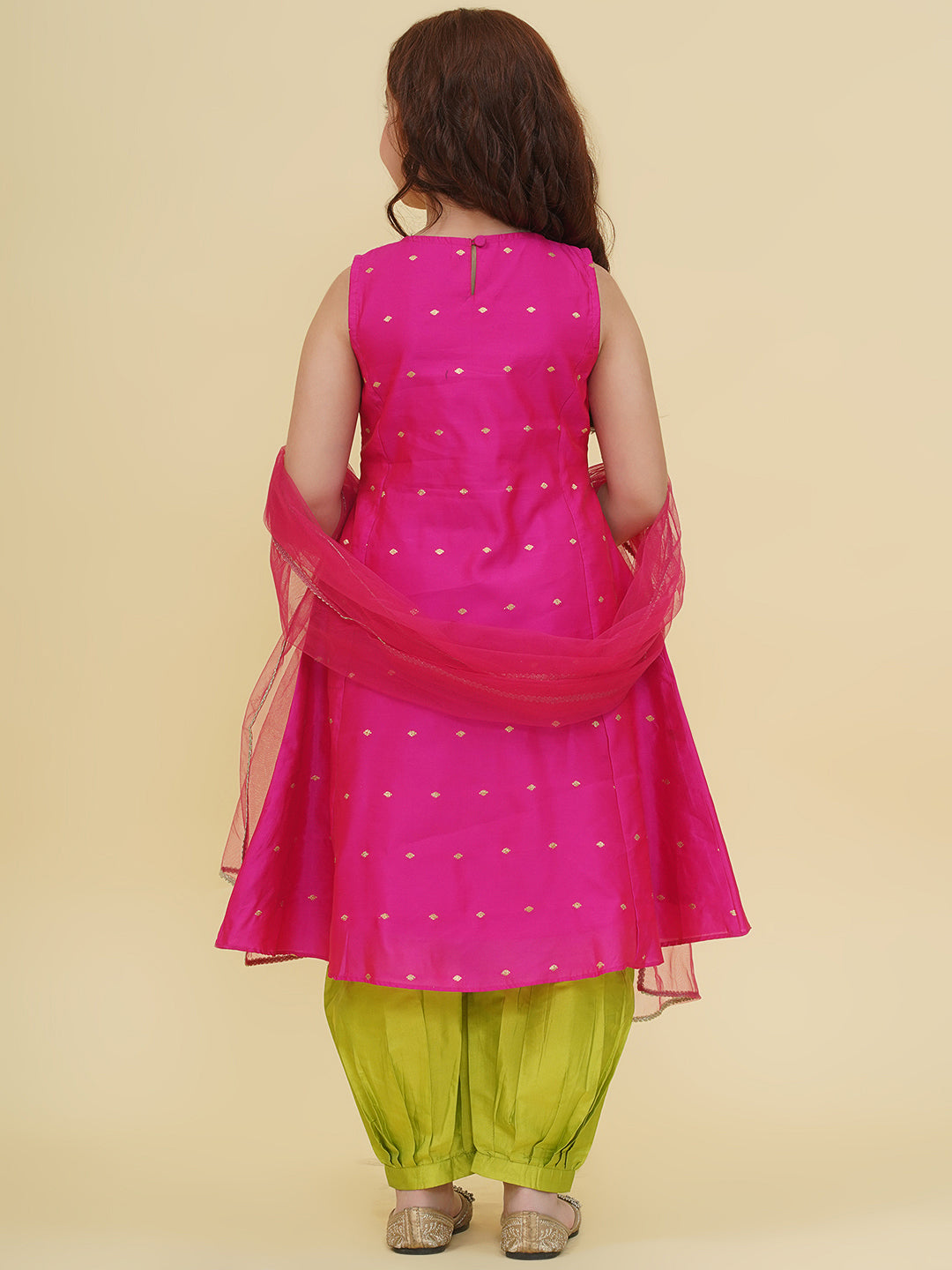 Bitiya by Bhama Girls Pink Self design Kurta with Afgani Salwar With Dupatta