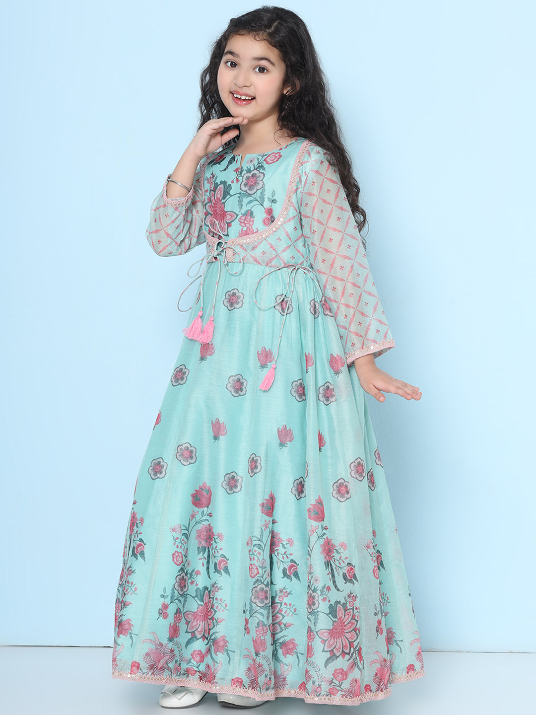 Bitiya by Bhama Girls Sea Green & Pink Floral Maxi Dress