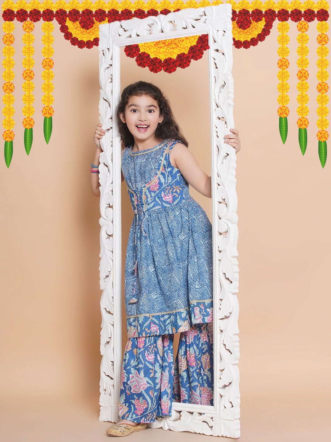 Bitiya by Bhama Girls  Blue Printed Jacket Style kurta with Sharara