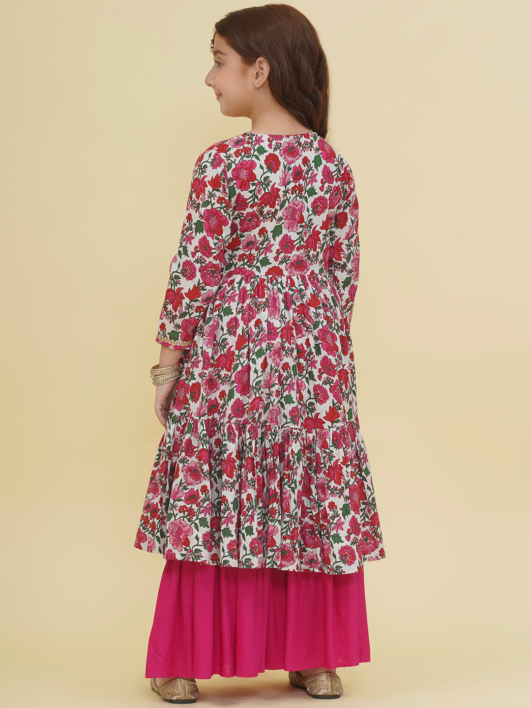 Bitiya by Bhama Girls Off-White Floral Printed Angrakha Kurta with Sharara