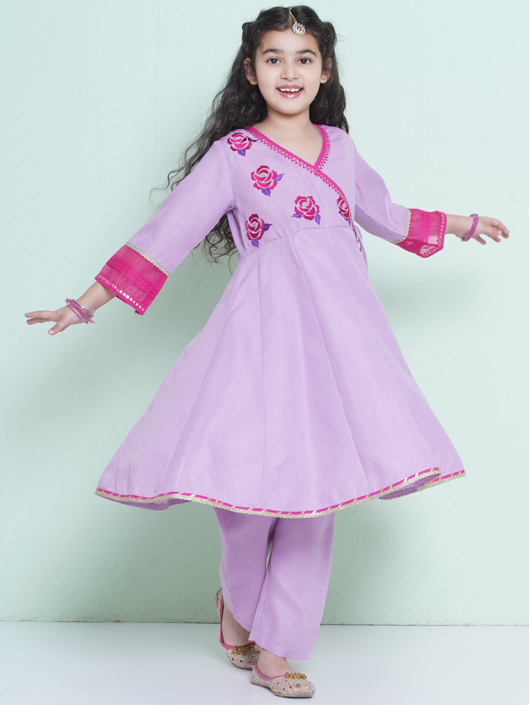 Bitiya by Bhama Girls Purple Embroidered Angrakha Kurta with Trousers