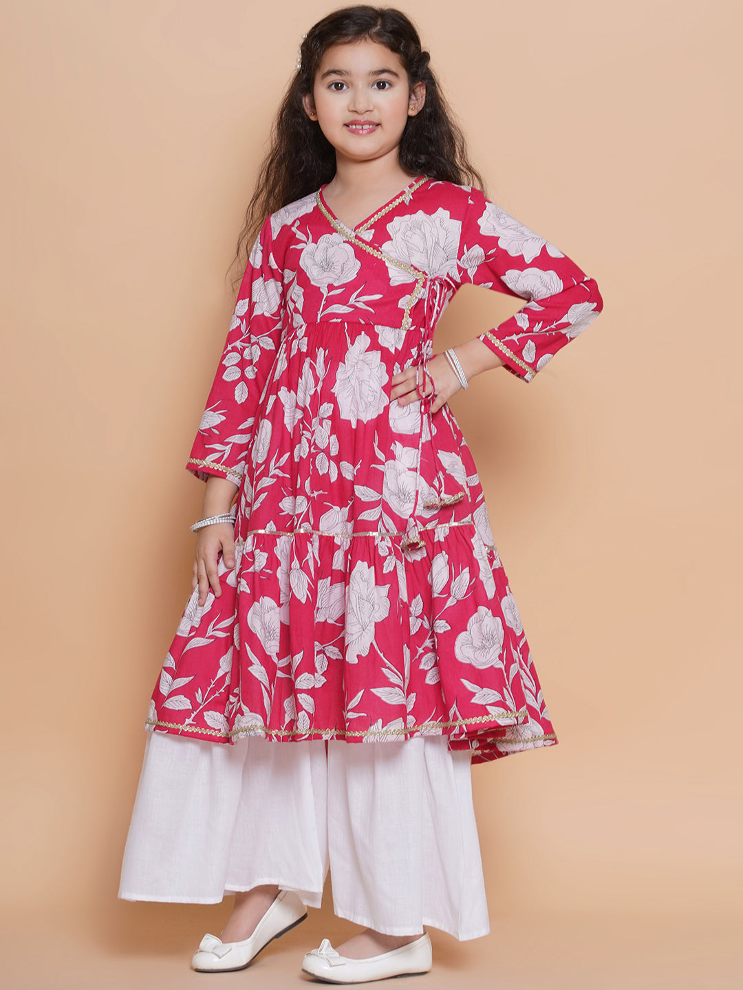 Bitiya by Bhama Girls Pink Floral  Printed Angrakha Kurta with Sharara