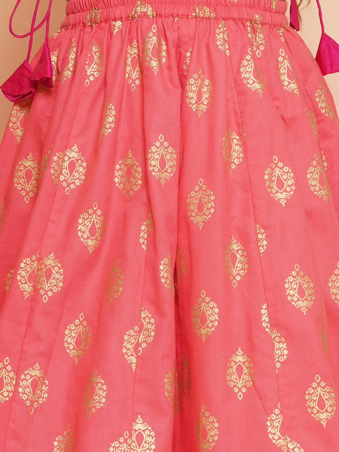 Bitiya by Bhama Girls Pink Embroidered Choli & Peach Golden print Ready to Wear Lehenga With Dupatta