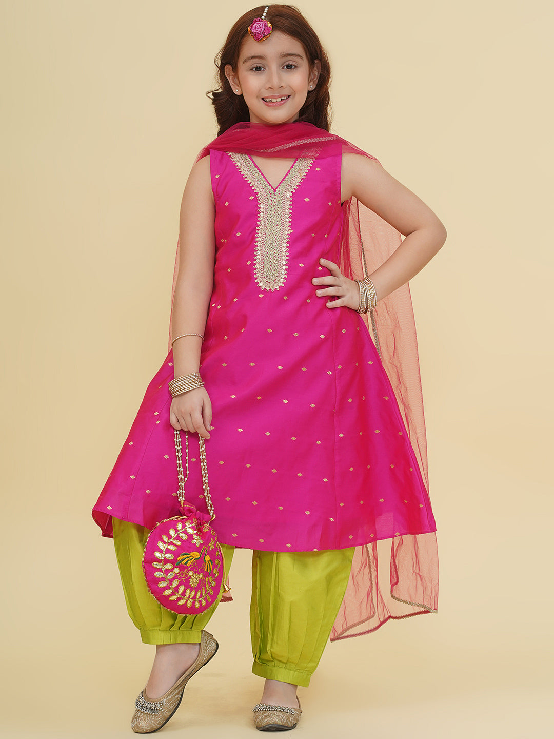 Bitiya by Bhama Girls Pink Self design Kurta with Afgani Salwar With Dupatta