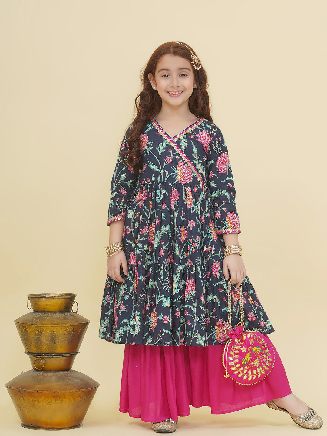 Bitiya by Bhama Girls Blue Pink Floral Printed Angrakha Kurta with Sharara