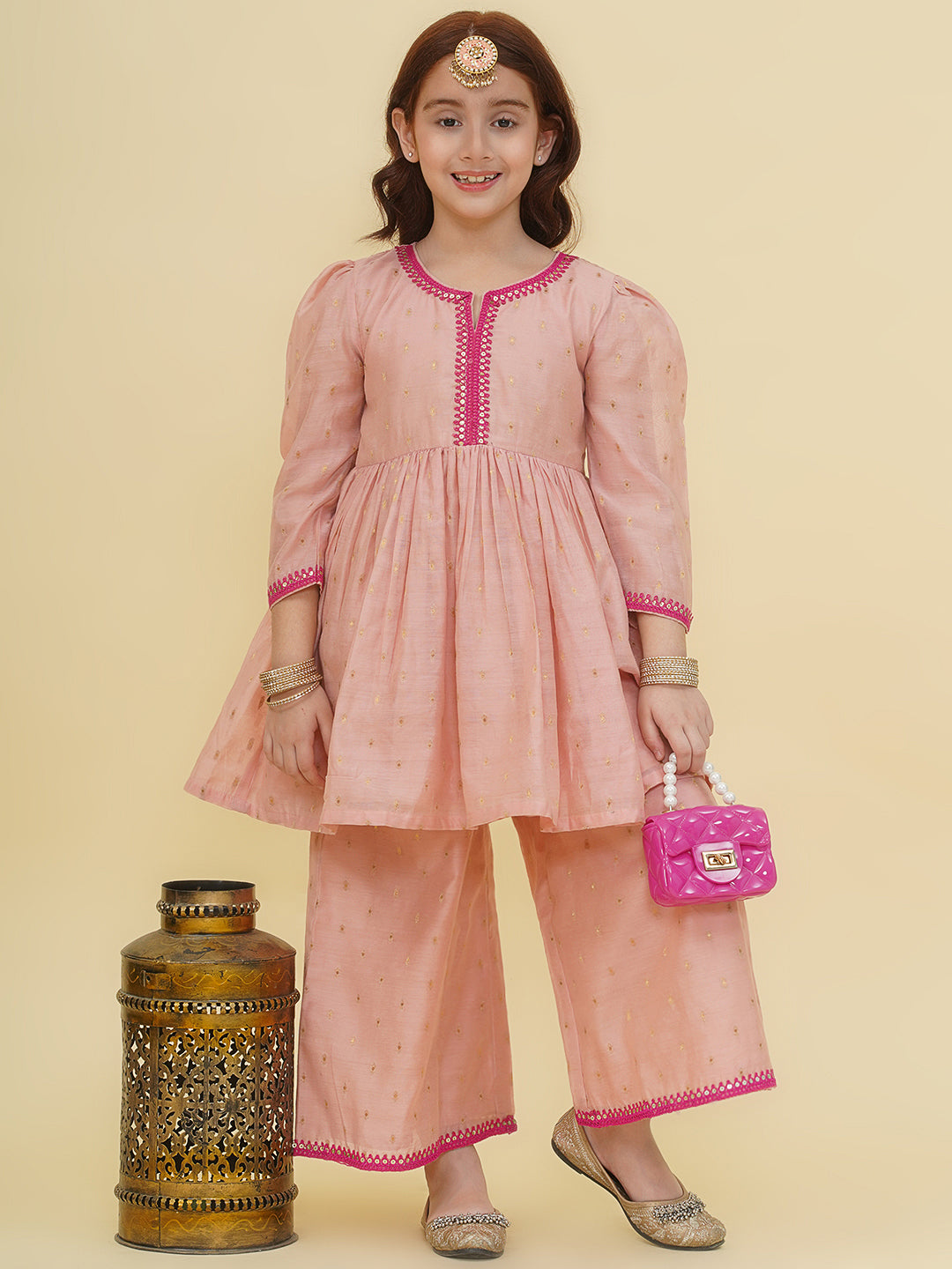 Bitiya by Bhama Girls Pink Self design  Kurta with palazzo