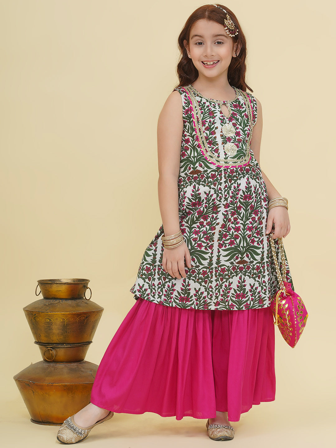 Bitiya by Bhama Girls Floral Printed Kurta with Sharara