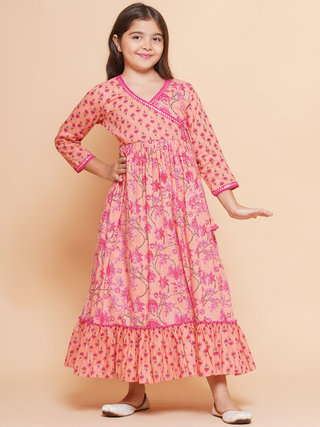 Bitiya by Bhama Girls Peach Floral Printed Shrug & Blouse With Ready to Wear Lehenga.