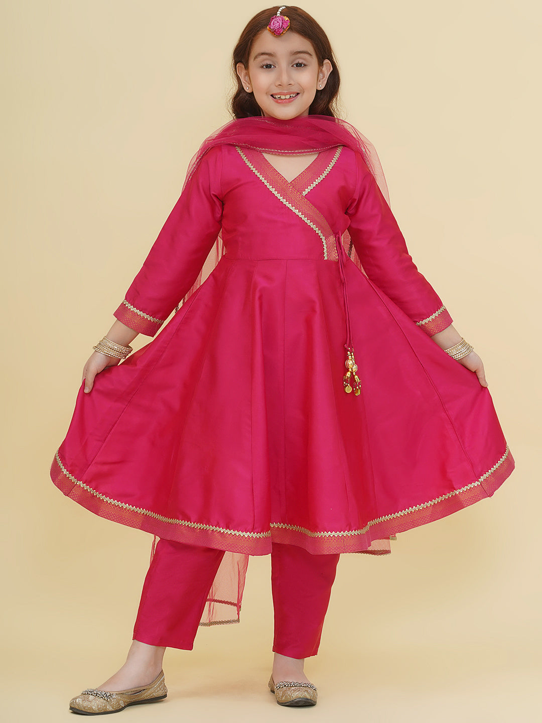 Bitiya by Bhama Girls Pink Angrakha Kurta with Trousers with Dupatta