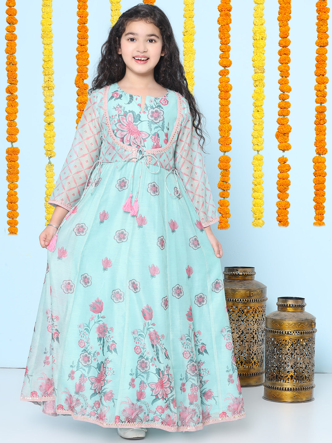 Bitiya by Bhama Girls Sea Green & Pink Floral Maxi Dress