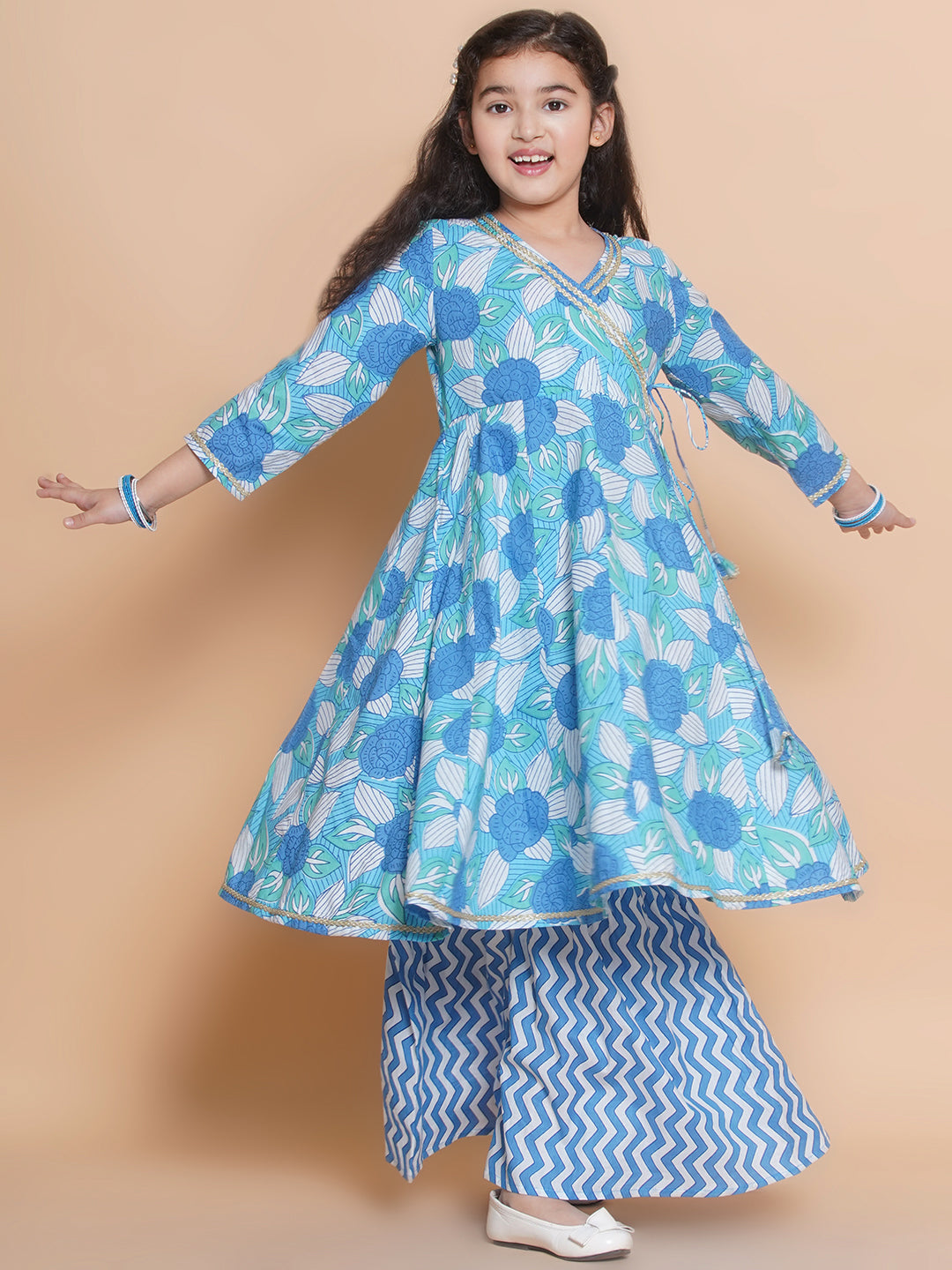 Bitiya by Bhama Girls Blue Floral  Printed Angrakha Kurta with Sharara