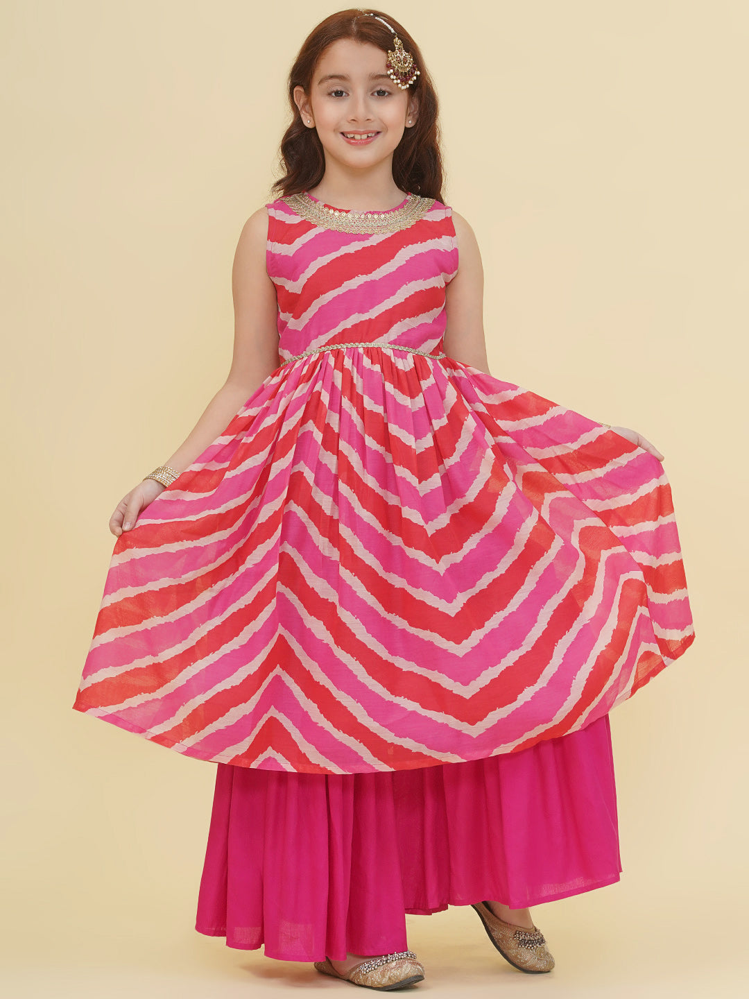 Bitiya by Bhama Girls Pink Leheriya Printed Kurta with Sharara