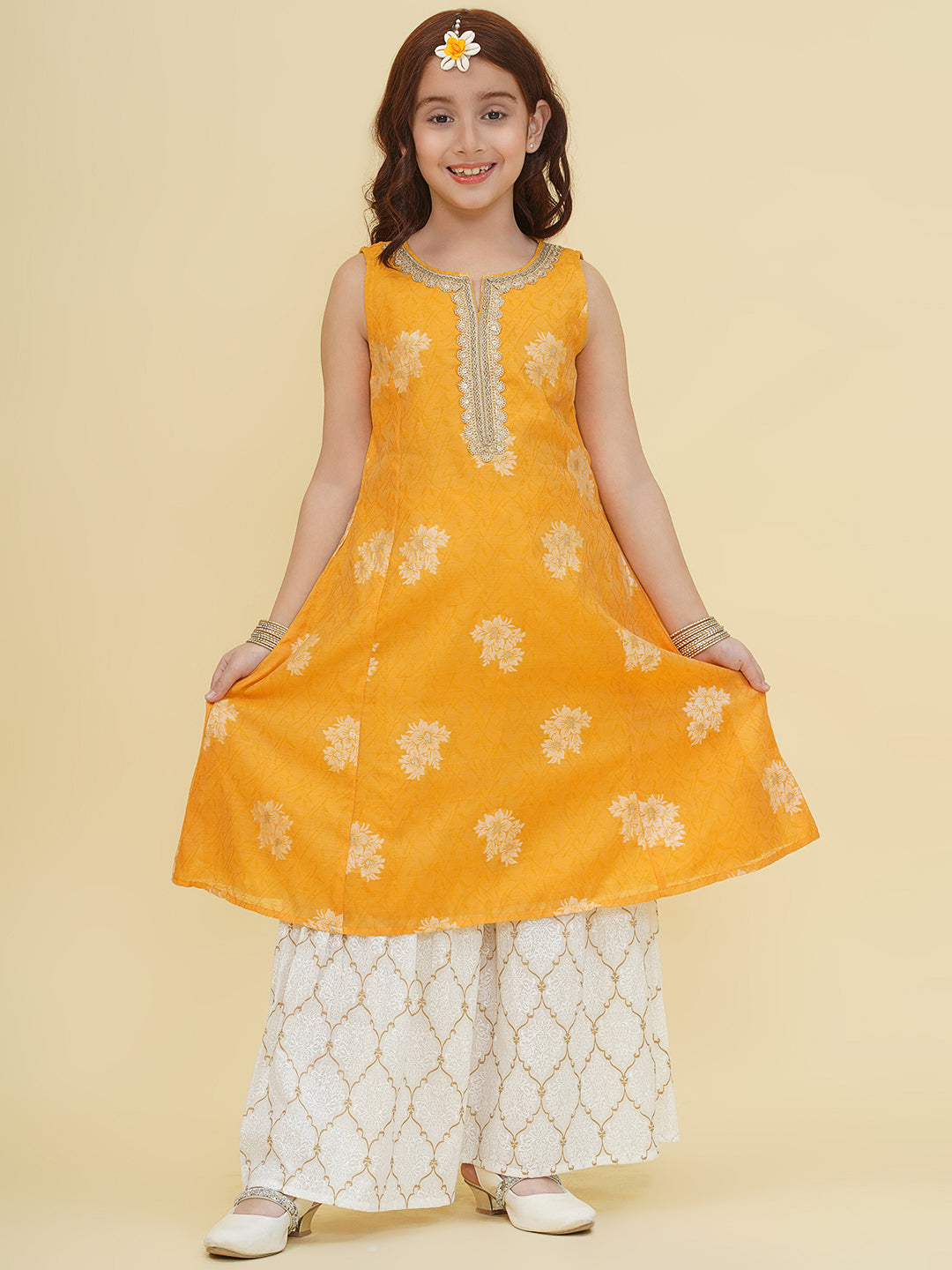 Bitiya by Bhama Girls Yellow Self design Kurta With Sharara