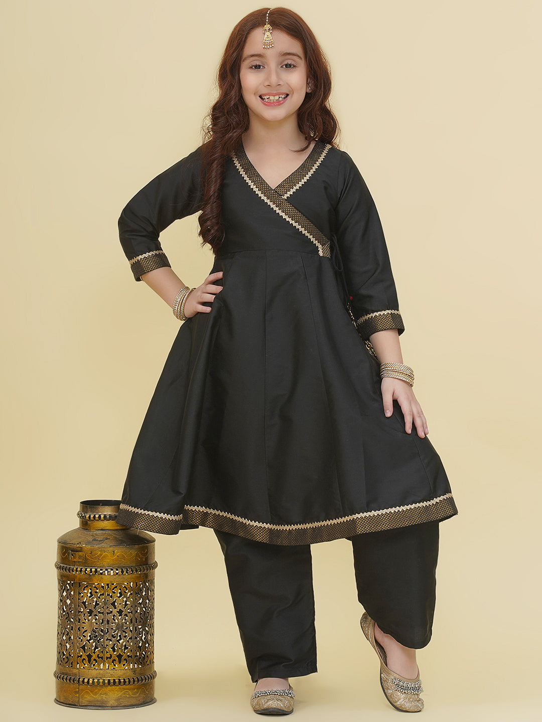 Bitiya by Bhama Girls Black Angrakha Kurta with Trousers