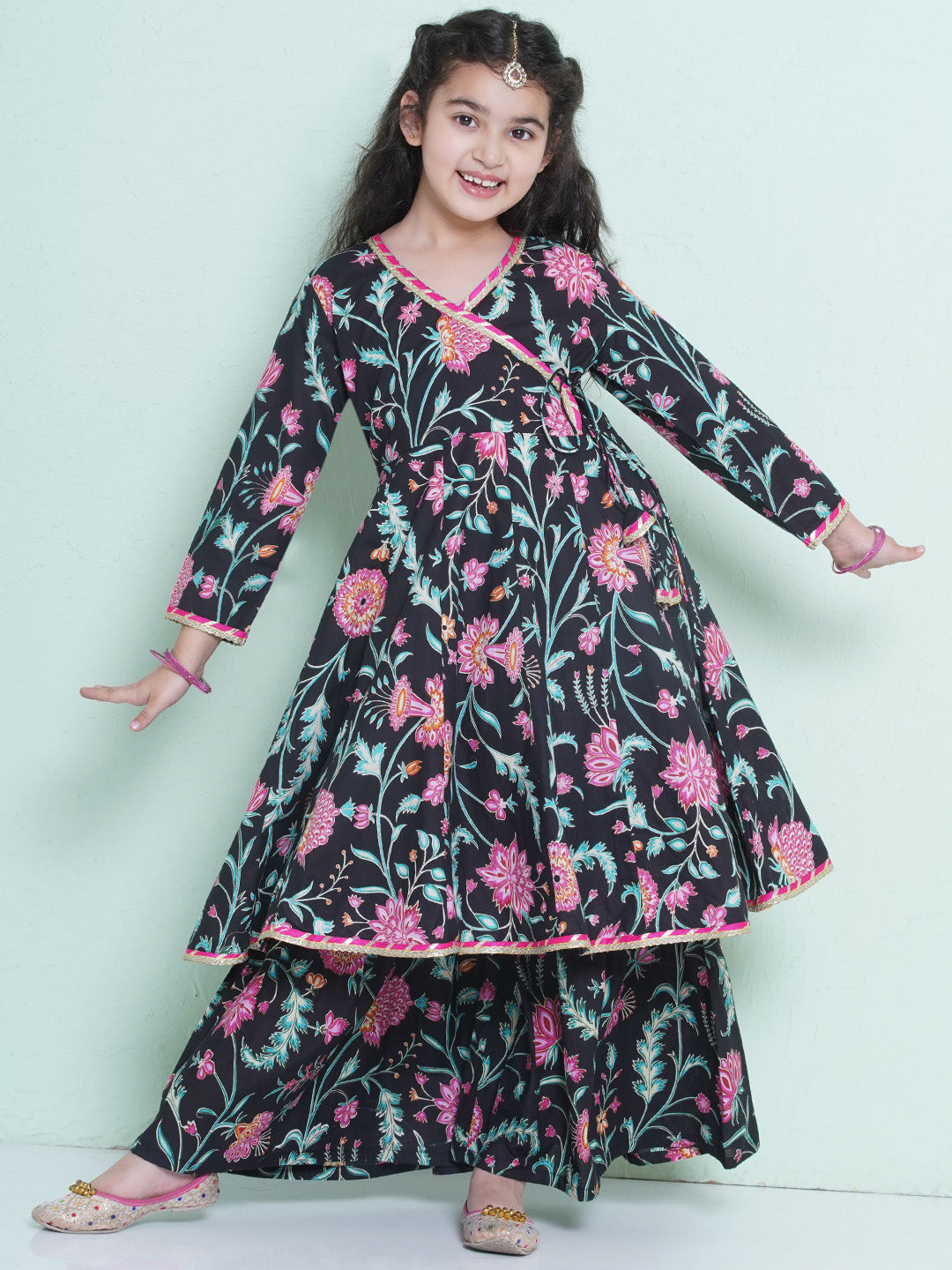 Bitiya by Bhama Girls Black Floral  Printed Angrakha Kurta with Sharara