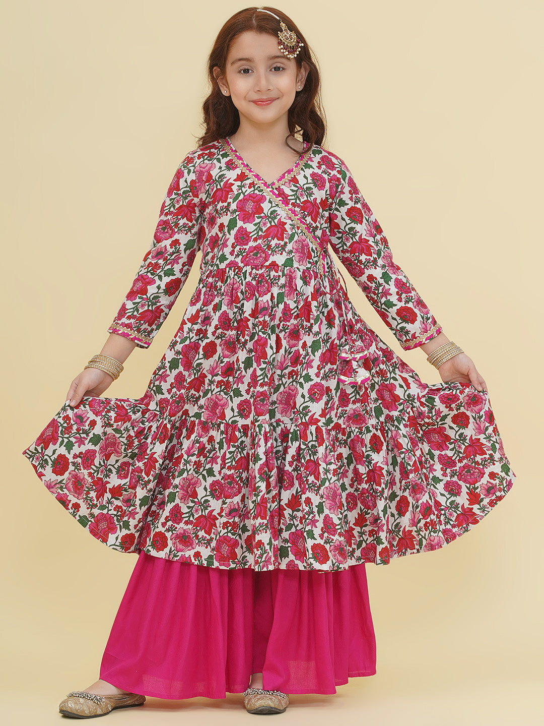 Bitiya by Bhama Girls Off-White Floral Printed Angrakha Kurta with Sharara