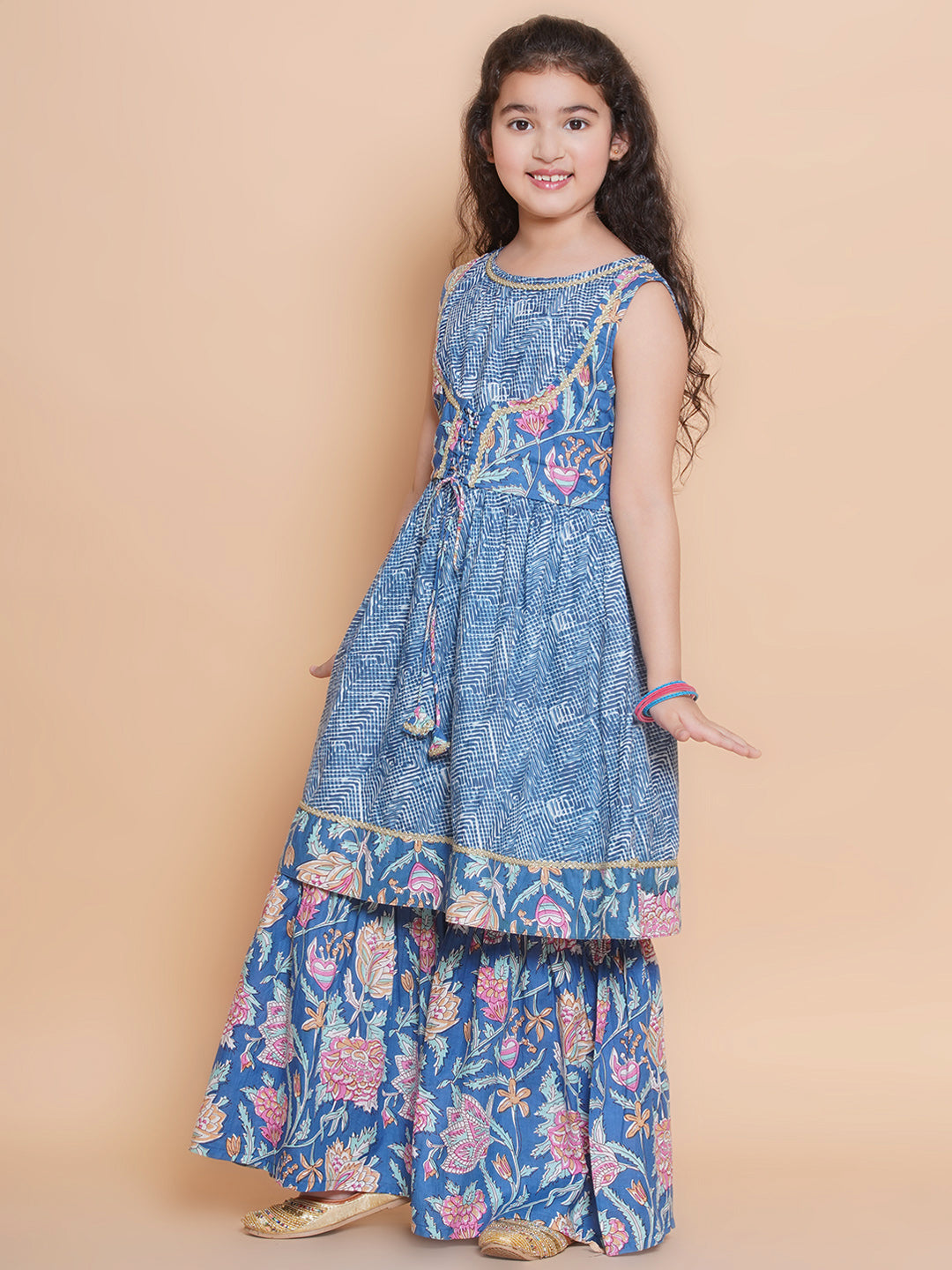 Bitiya by Bhama Girls  Blue Printed Jacket Style kurta with Sharara