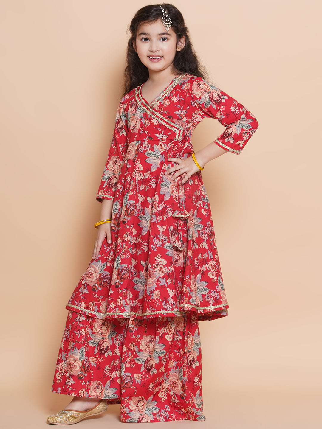 Bitiya by Bhama Girls Red Floral  Printed Angrakha Kurta with Sharara