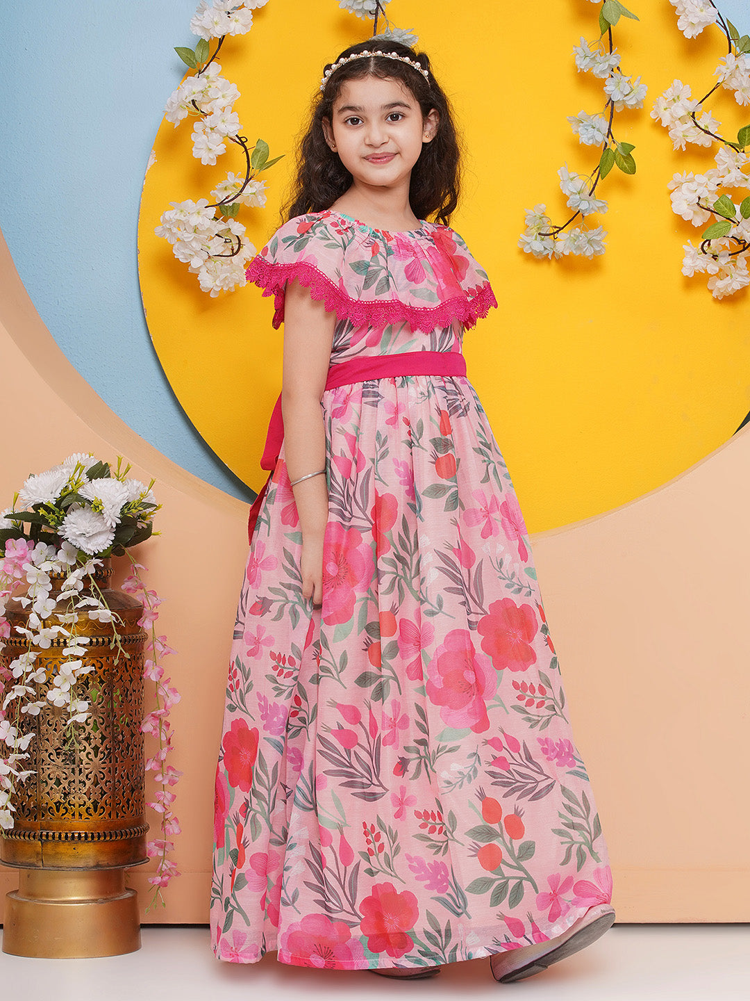 Bitiya by Bhama Girls Pink Floral Maxi Dress.