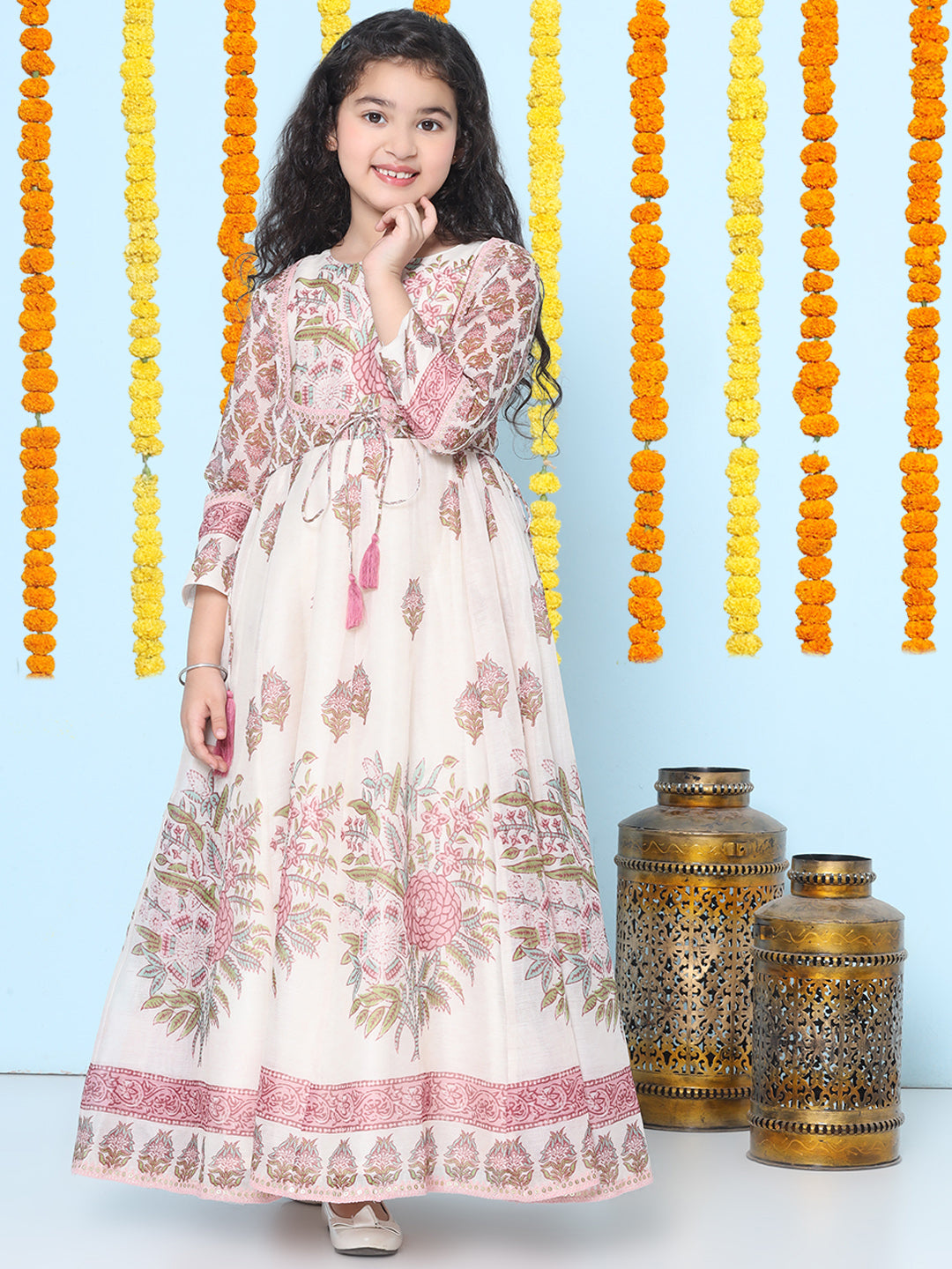 Bitiya by Bhama Girls Off white & Pink Floral Maxi Dress