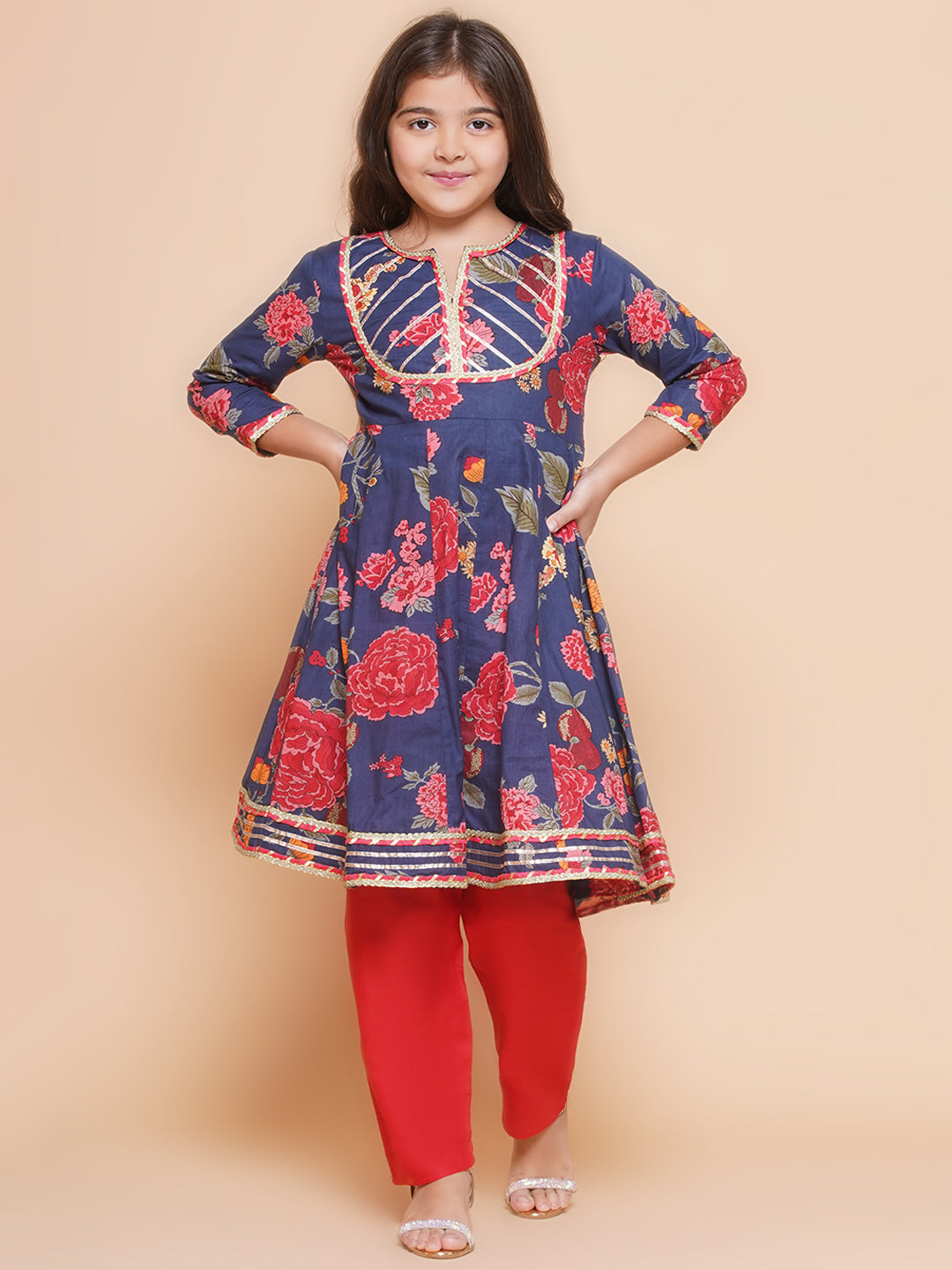 Bitiya by Bhama Girls Navy Blue Red Printed Anarkali Kurta &  Palazzos.