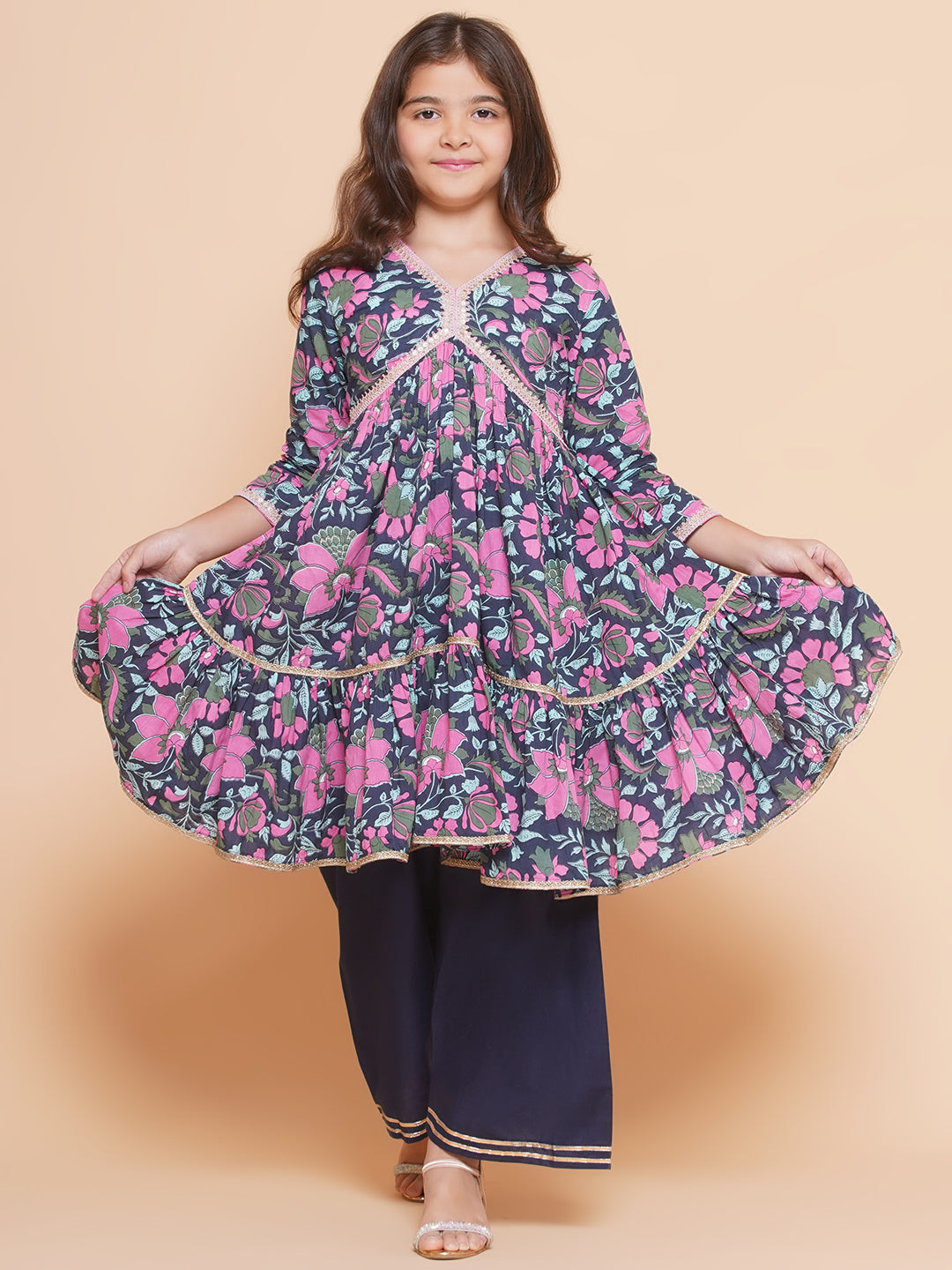 Bitiya by Bhama Girls Navy Blue Pink Floral Printed  Kurta With Palazzos.