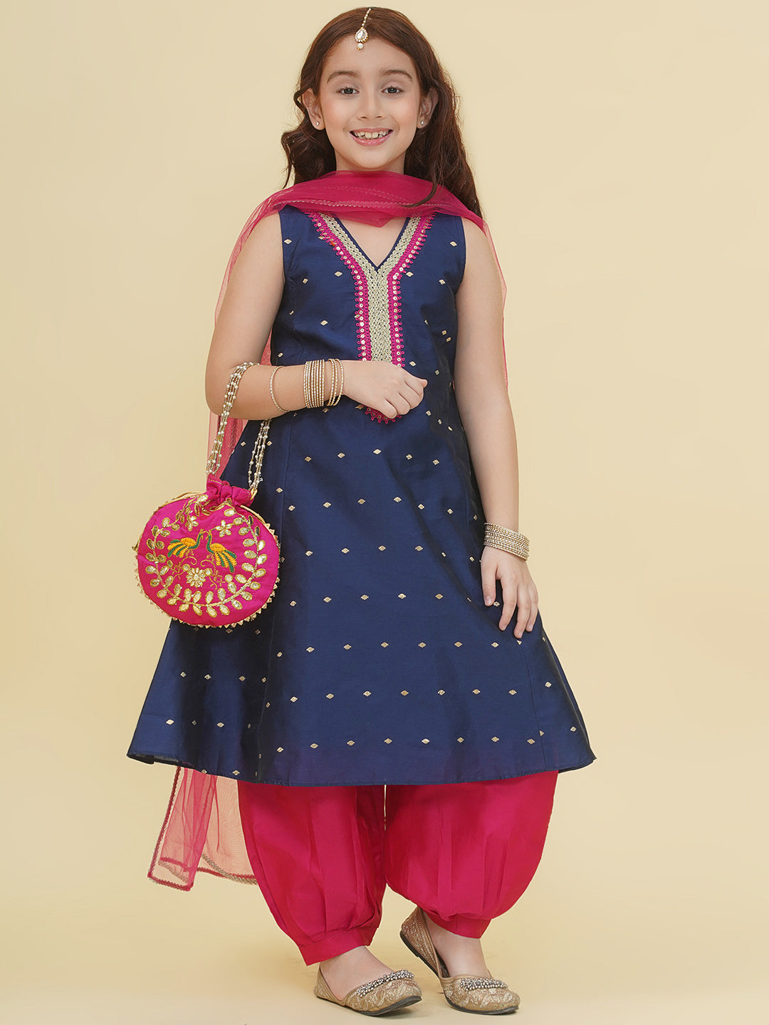 Bitiya by Bhama Girls Blue Self Design Kurta with Afgani Salwar with Dupatta.