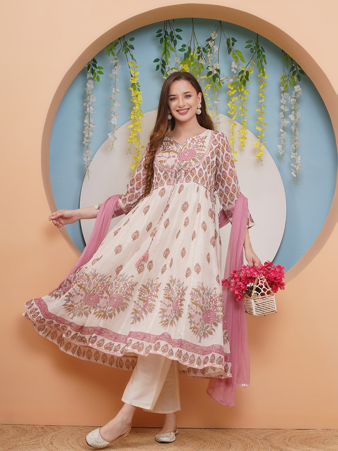 Bhama CoutureOff white  Pink Floral Digital Printed Anarkali Flared Kurta with Palazzos Dupatta.