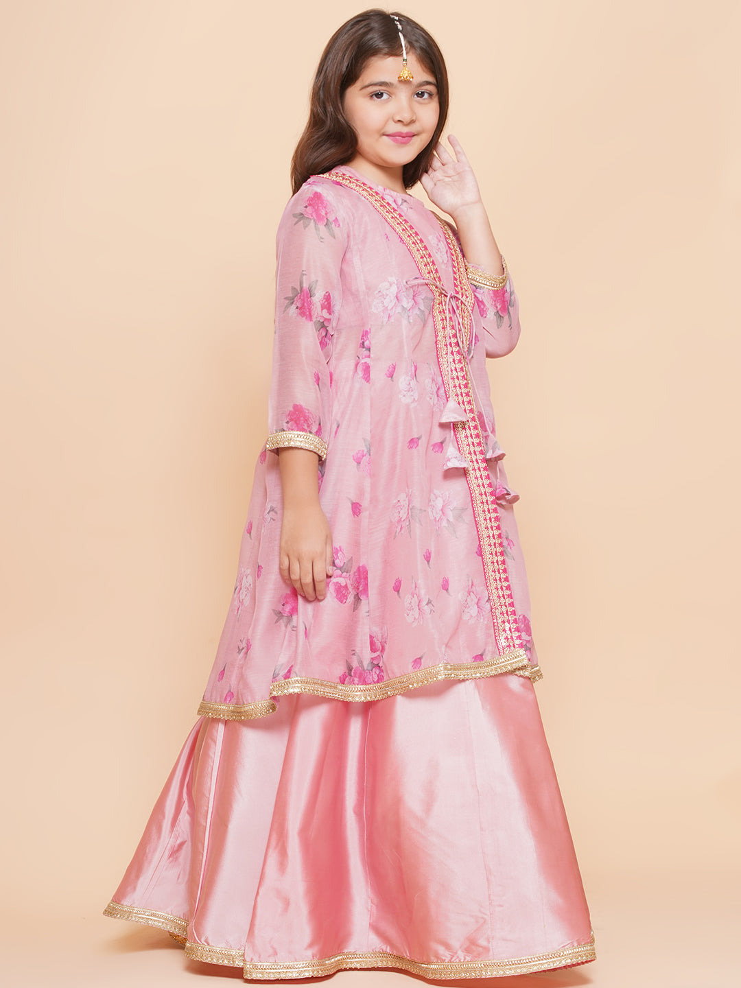 Bitiya by Bhama Girls Pink Floral Printed Shrug & Ready to Wear Lehenga With Blouse.