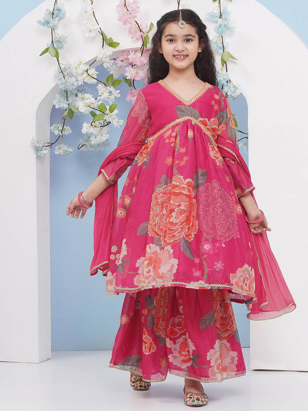 Bitiya by Bhama Girls Pink Floral Printed Alia Design Kurta With Sharara With dupatta