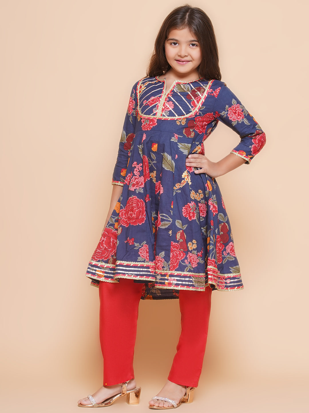 Bitiya by Bhama Girls Navy Blue Red Printed Anarkali Kurta &  Palazzos.