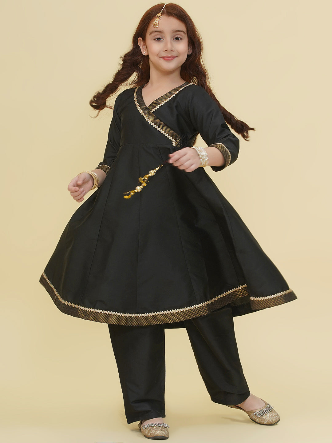 Bitiya by Bhama Girls Black Angrakha Kurta with Trousers