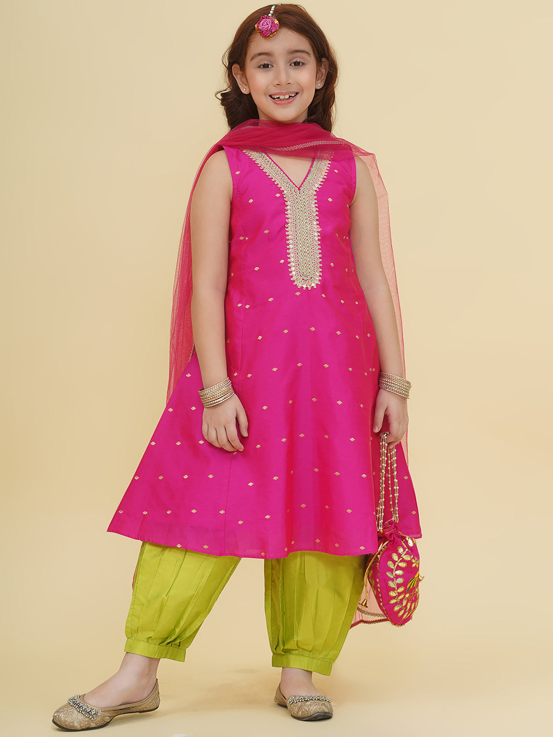 Bitiya by Bhama Girls Pink Self design Kurta with Afgani Salwar With Dupatta