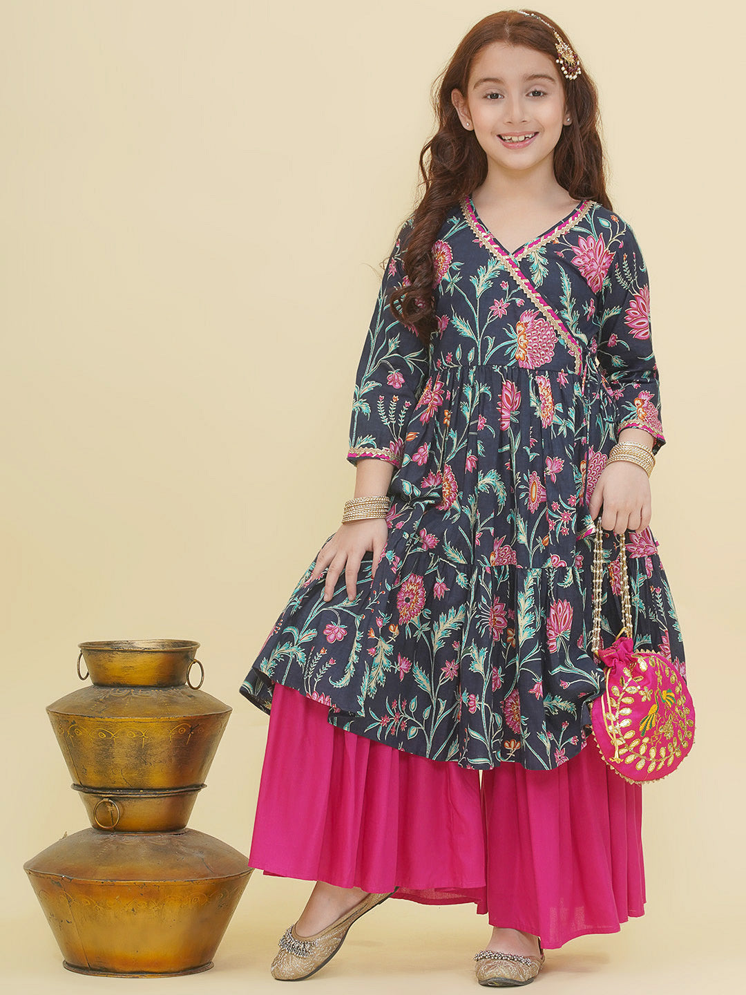 Bitiya by Bhama Girls Blue Pink Floral Printed Angrakha Kurta with Sharara