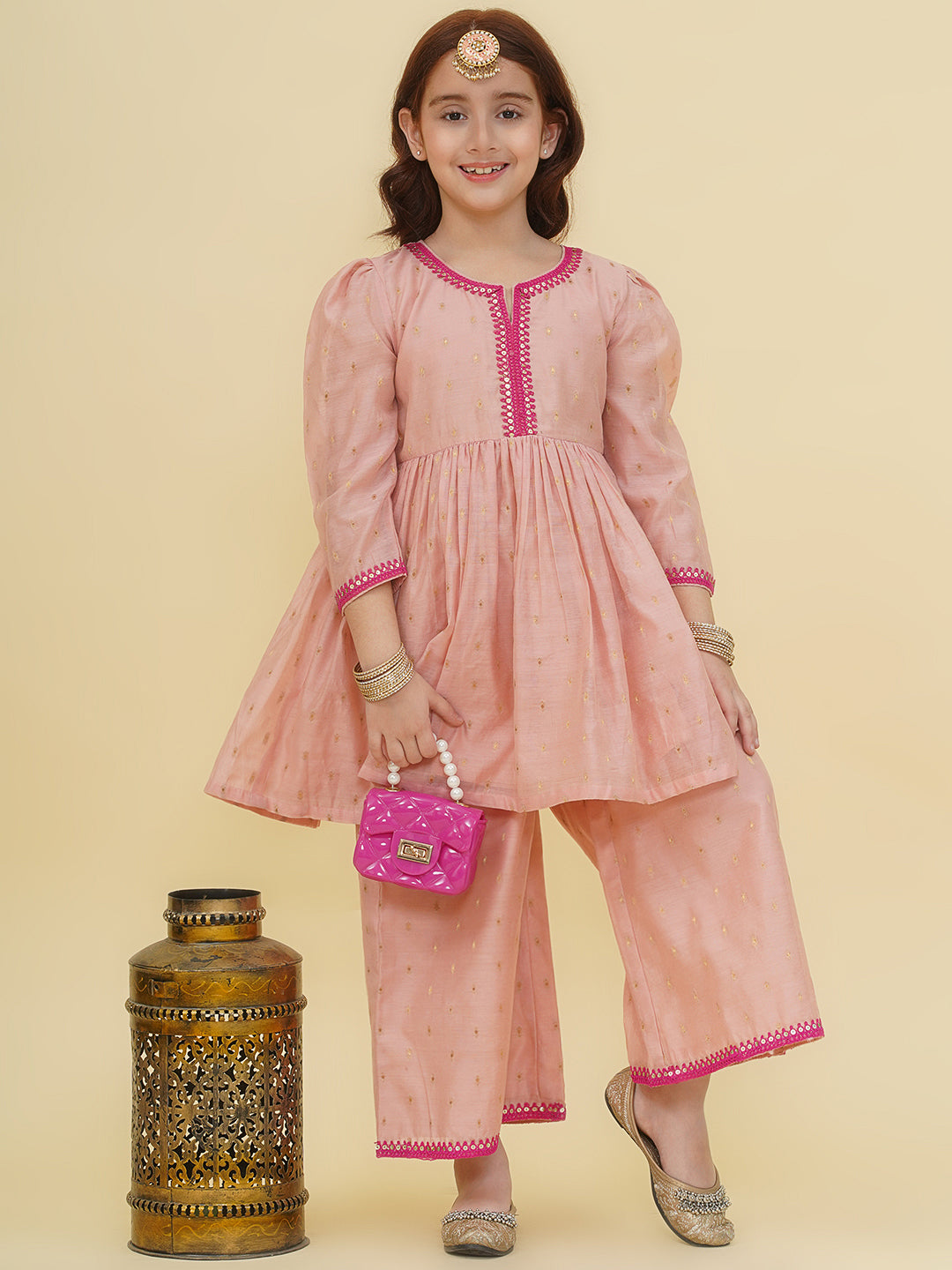 Bitiya by Bhama Girls Pink Self design  Kurta with palazzo