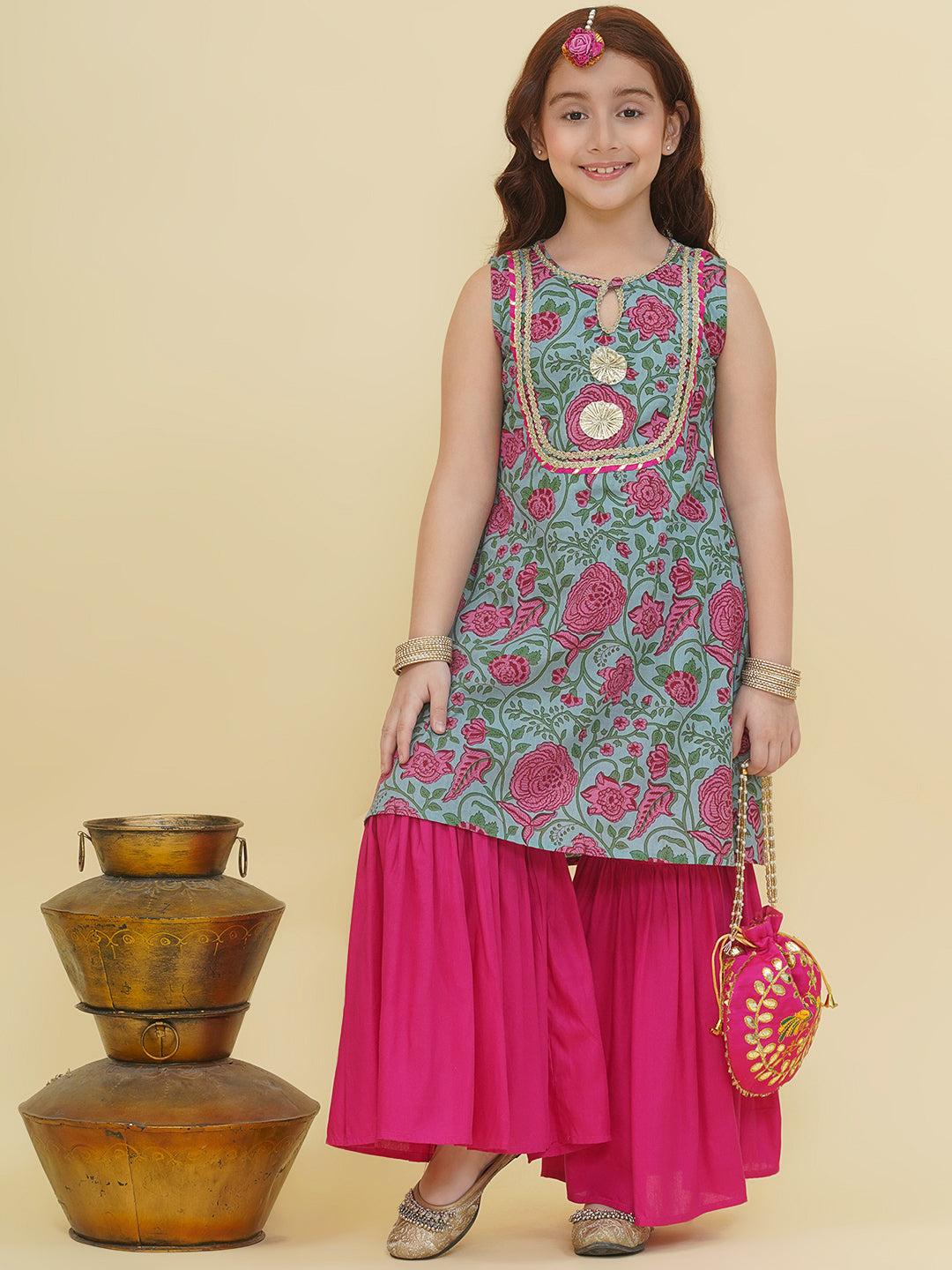 Bitiya by Bhama Girls Blue Floral Printed Kurta with Sharara